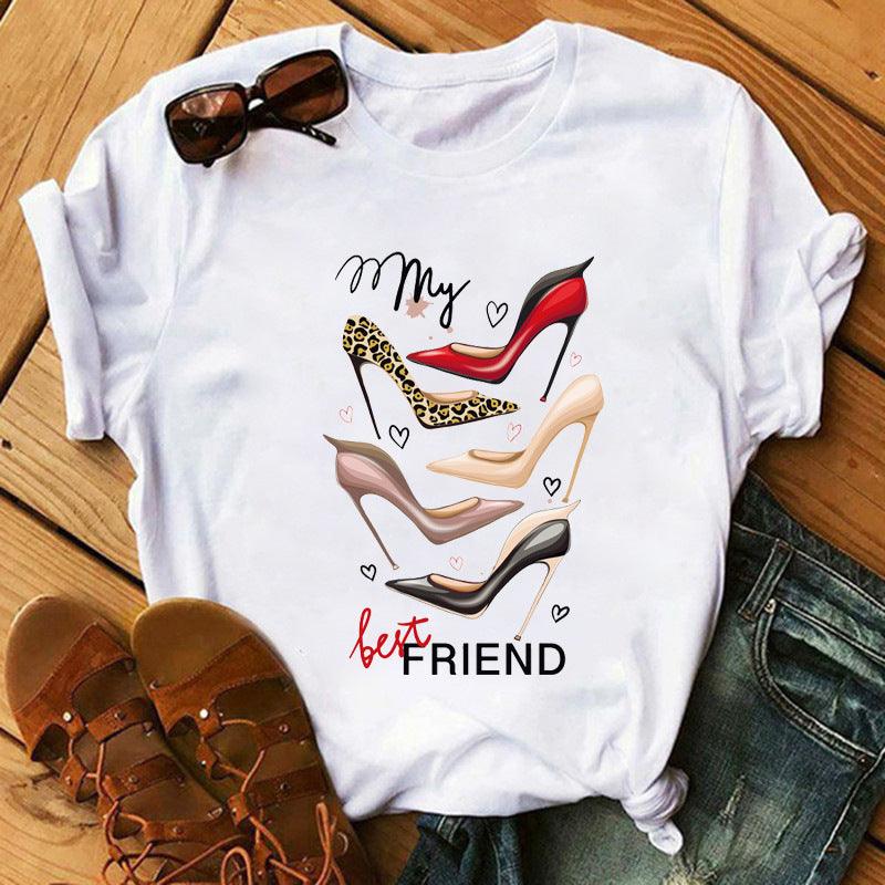 Women's High Heels Pattern Cute Loose Top T-shirt - Nioor