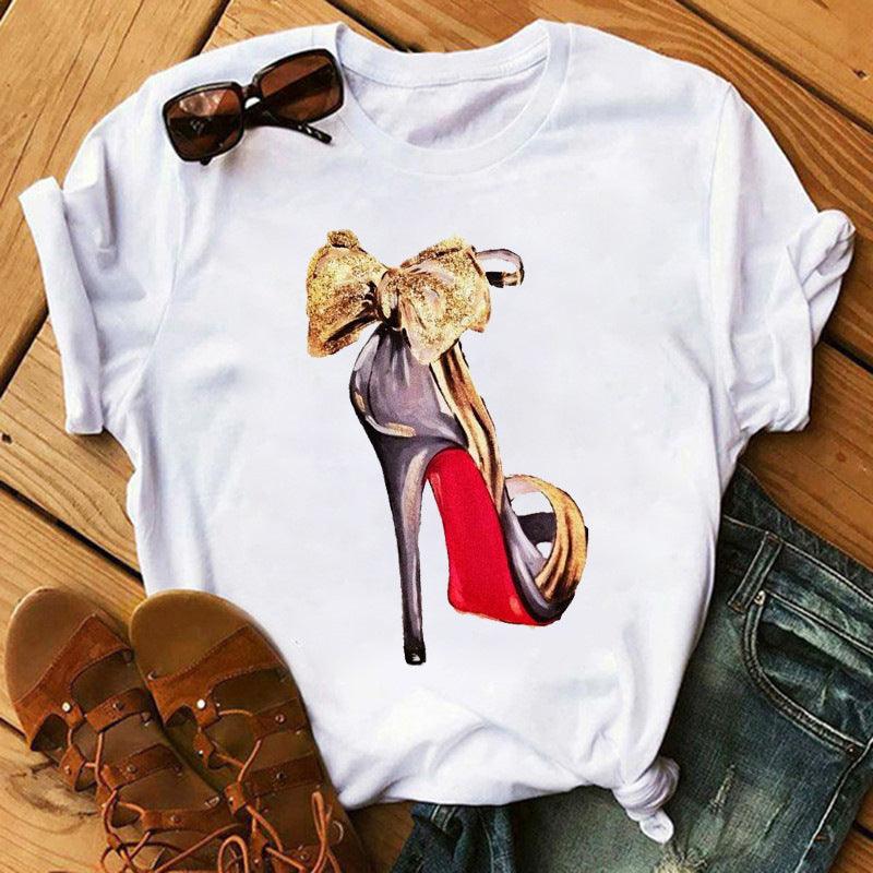 Women's High Heels Pattern Cute Loose Top T-shirt - Nioor