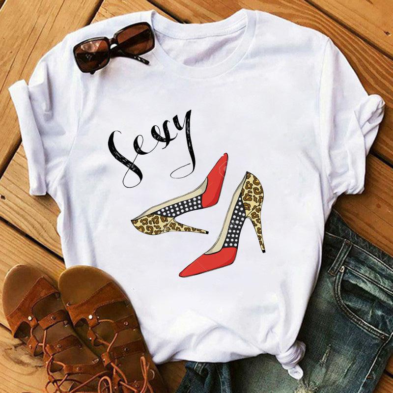 Women's High Heels Pattern Cute Loose Top T-shirt - Nioor