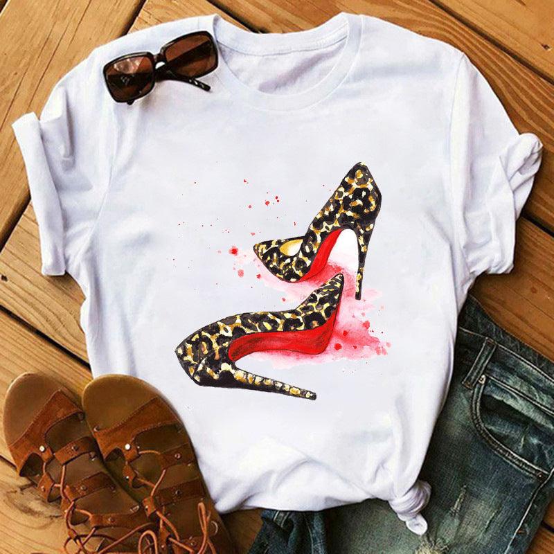 Women's High Heels Pattern Cute Loose Top T-shirt - Nioor