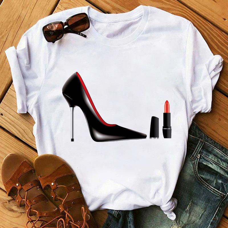 Women's High Heels Pattern Cute Loose Top T-shirt - Nioor