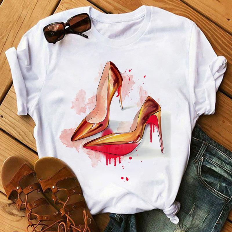 Women's High Heels Pattern Cute Loose Top T-shirt - Nioor