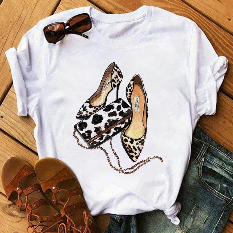 Women's High Heels Pattern Cute Loose Top T-shirt - Nioor