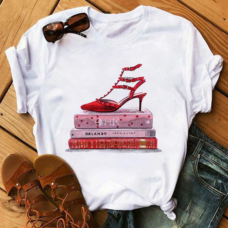 Women's High Heels Pattern Cute Loose Top T-shirt - Nioor