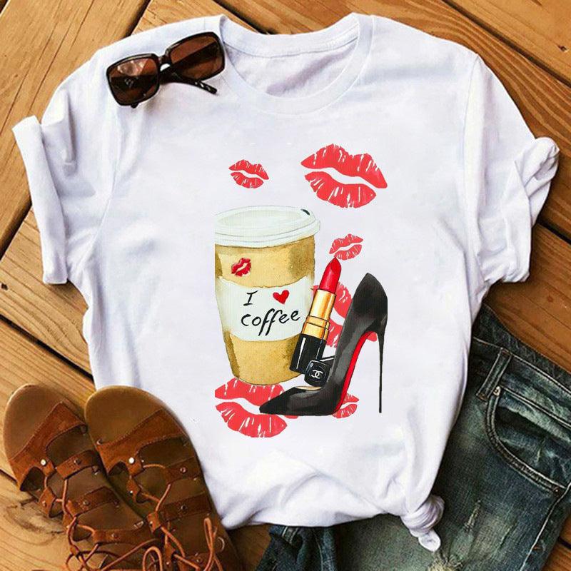 Women's High Heels Pattern Cute Loose Top T-shirt - Nioor