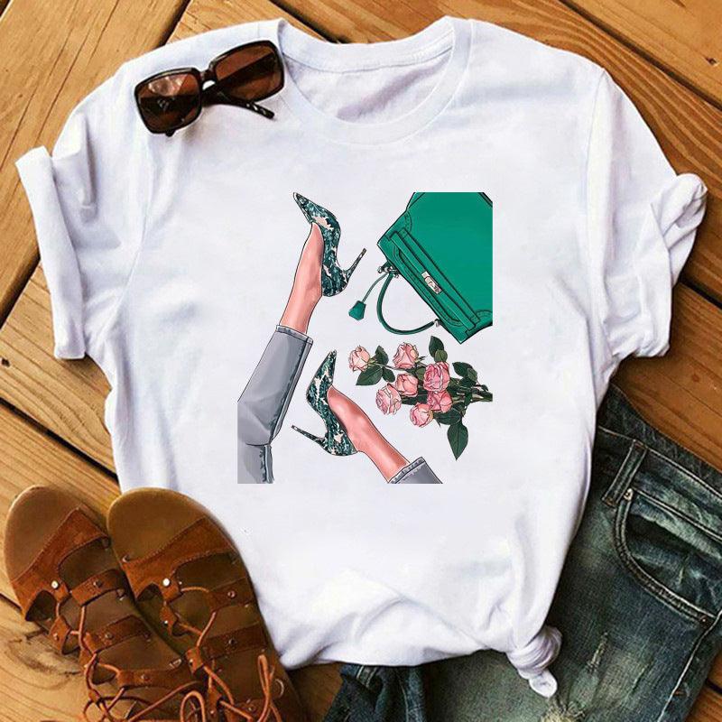 Women's High Heels Pattern Cute Loose Top T-shirt - Nioor