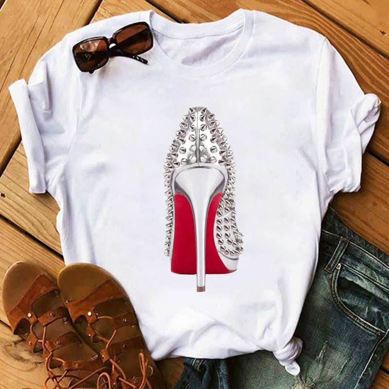 Women's High Heels Pattern Cute Loose Top T-shirt - Nioor