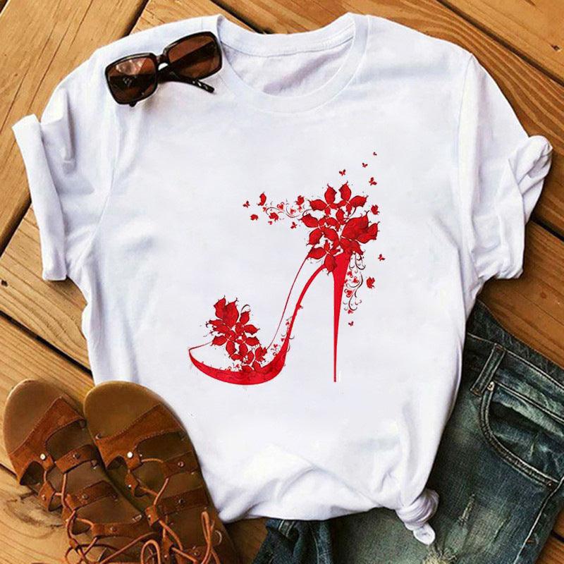 Women's High Heels Pattern Cute Loose Top T-shirt - Nioor