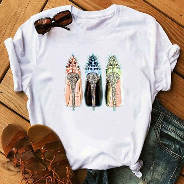 Women's High Heels Pattern Cute Loose Top T-shirt - Nioor