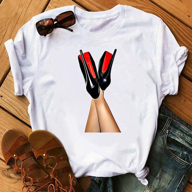 Women's High Heels Pattern Cute Loose Top T-shirt - Nioor