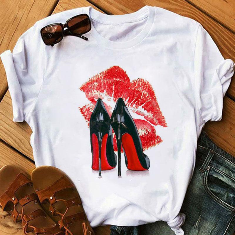 Women's High Heels Pattern Cute Loose Top T-shirt - Nioor