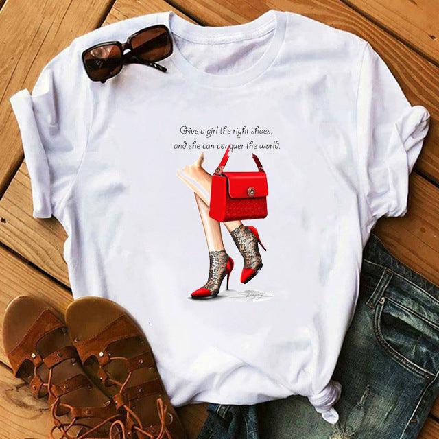 Women's High Heels Pattern Cute Loose Top T-shirt - Nioor