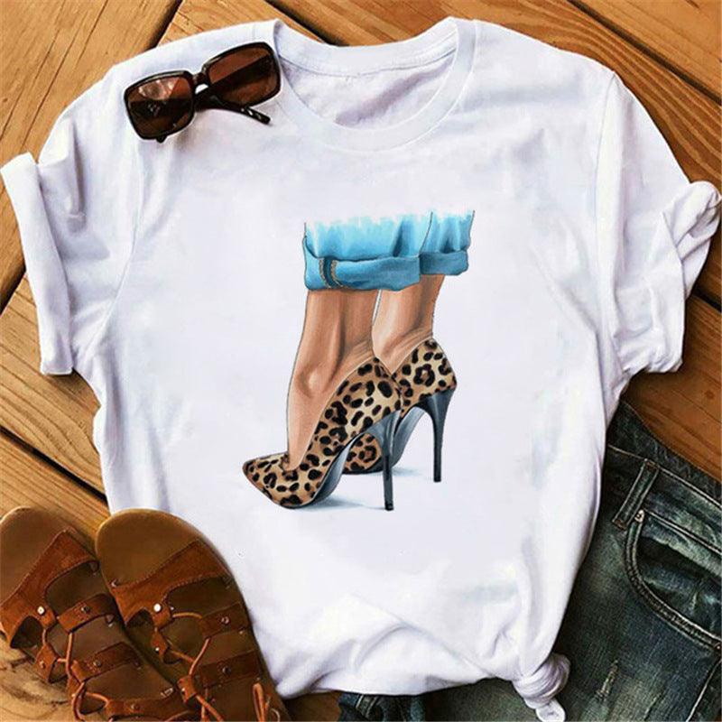 Women's High Heels Pattern Cute Loose Top T-shirt - Nioor