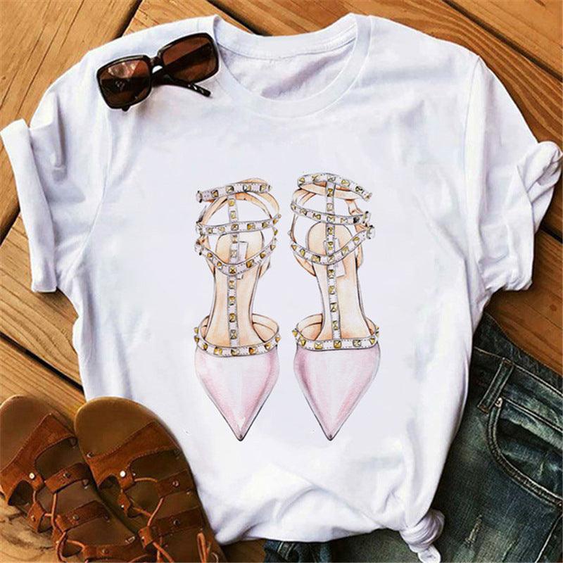 Women's High Heels Pattern Cute Loose Top T-shirt - Nioor