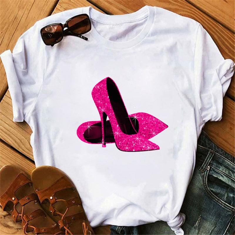 Women's High Heels Pattern Cute Loose Top T-shirt - Nioor