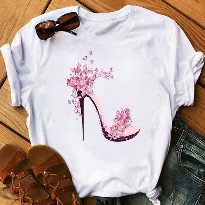 Women's High Heels Pattern Cute Loose Top T-shirt - Nioor