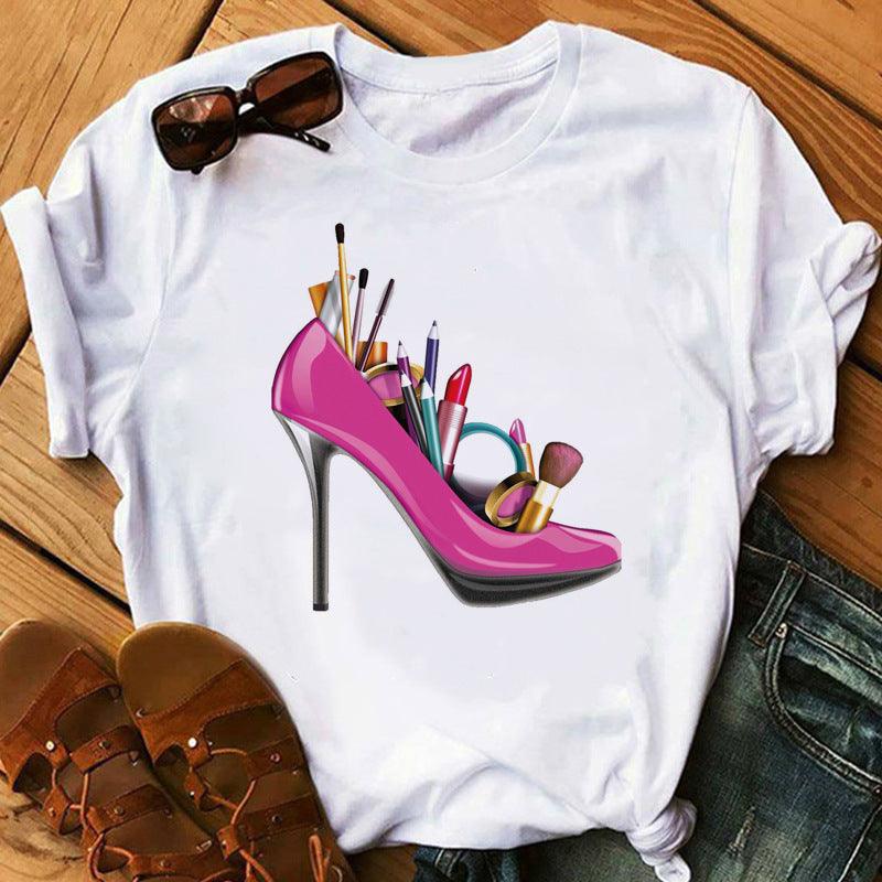 Women's High Heels Pattern Cute Loose Top T-shirt - Nioor