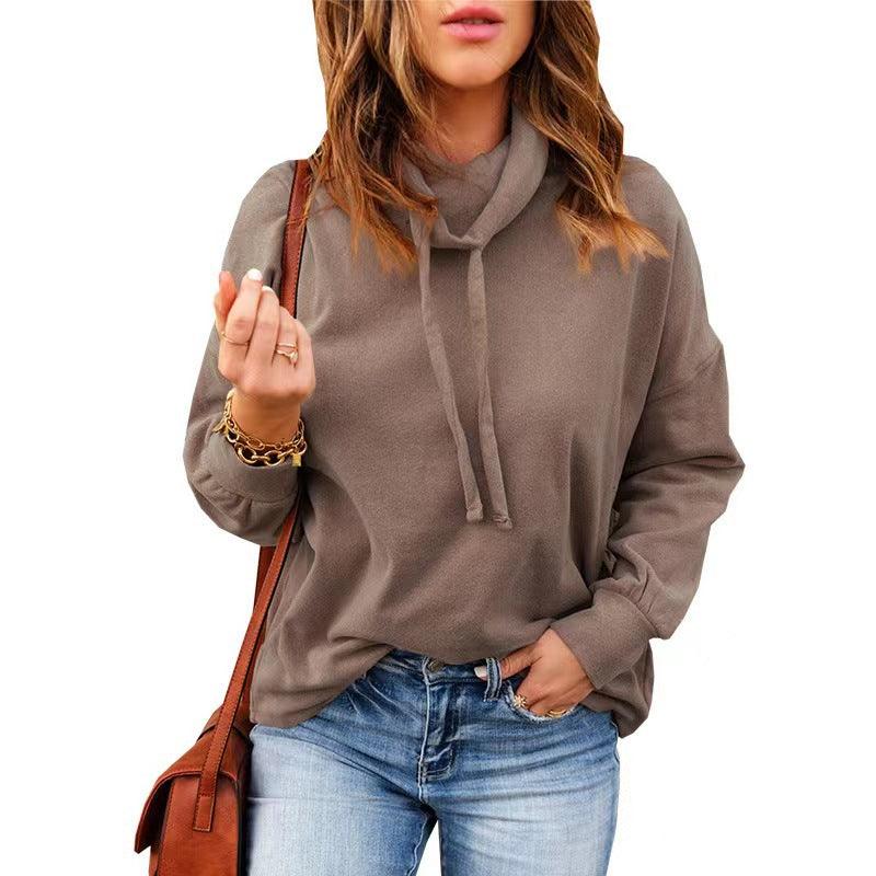 Women's High Neck Drawstring Hoodie With Long Sleeves - Nioor