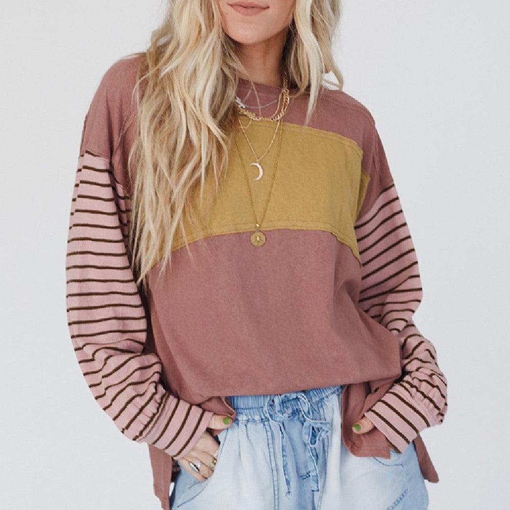 Women's Hoodie Casual Striped Color Matching Long-sleeved Top - Nioor