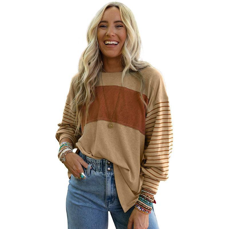 Women's Hoodie Casual Striped Color Matching Long-sleeved Top - Nioor