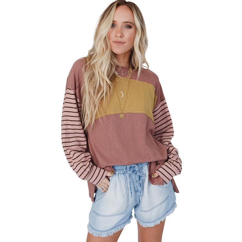 Women's Hoodie Casual Striped Color Matching Long-sleeved Top - Nioor