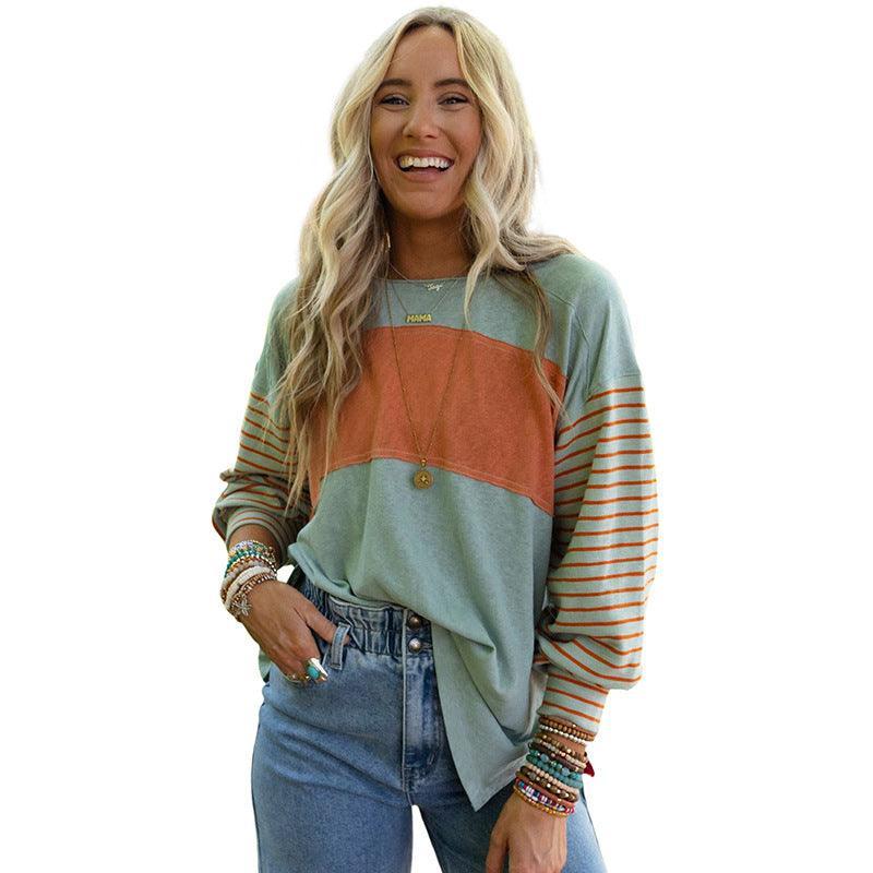 Women's Hoodie Casual Striped Color Matching Long-sleeved Top - Nioor