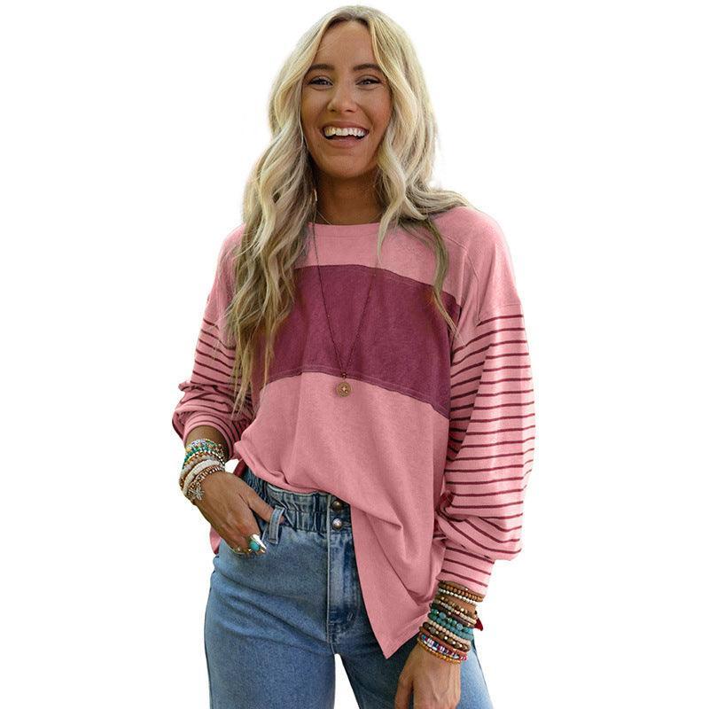 Women's Hoodie Casual Striped Color Matching Long-sleeved Top - Nioor