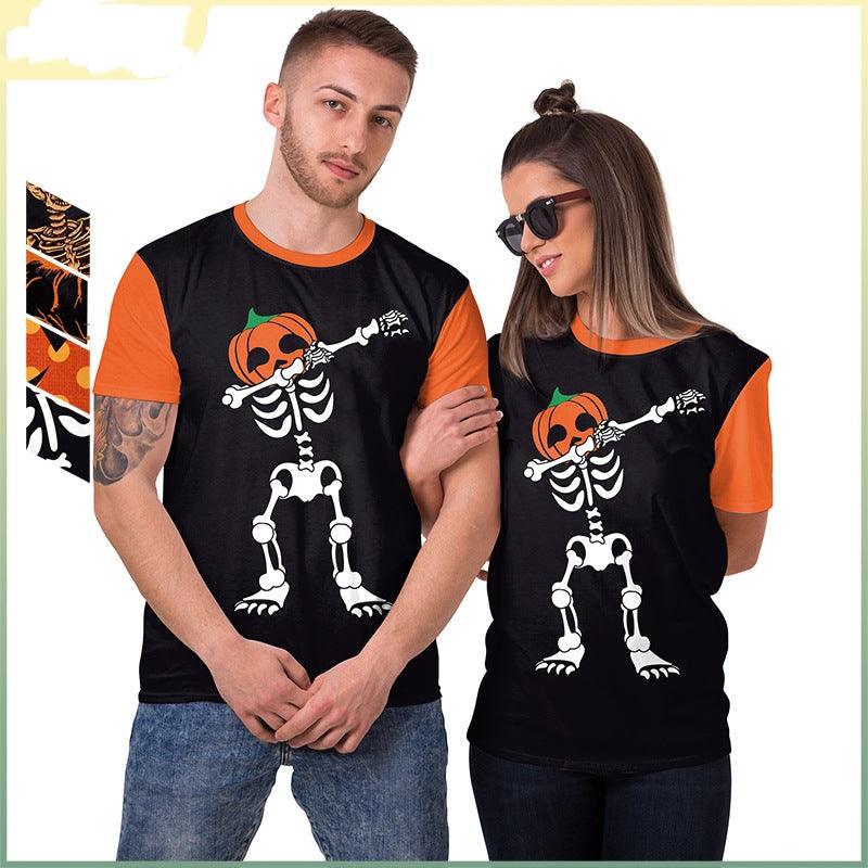 Women's Horror Pumpkin Skeleton Digital Printed Round Neck Short Sleeve - Nioor