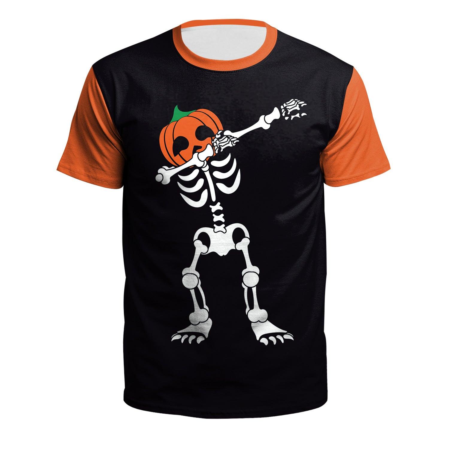 Women's Horror Pumpkin Skeleton Digital Printed Round Neck Short Sleeve - Nioor