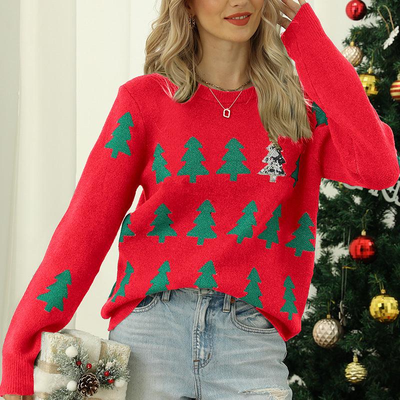 Women's Jacquard Christmas Tree Long Sleeve Red Christmas Sweater - Nioor