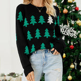 Women's Jacquard Christmas Tree Long Sleeve Red Christmas Sweater - Nioor