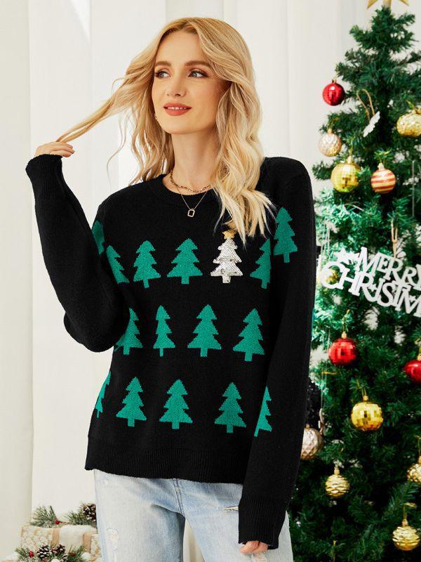 Women's Jacquard Christmas Tree Long Sleeve Red Christmas Sweater - Nioor