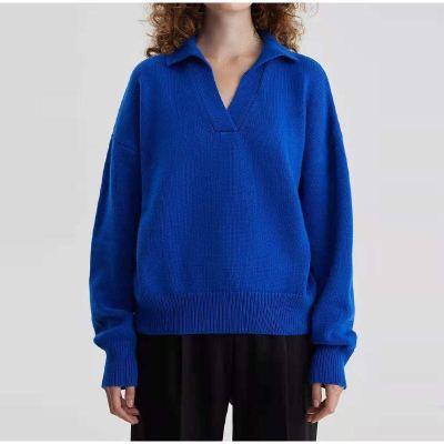 Women's Knit Polo Neck Pullover Solid Color Sweater - Nioor