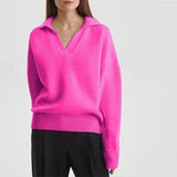 Women's Knit Polo Neck Pullover Solid Color Sweater - Nioor