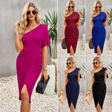 Women's Knitted Dress Solid Color Oblique Shoulder Slit Skirt - Nioor