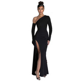 Women's Knitted One-shoulder Long Sleeve Split Dress - Nioor