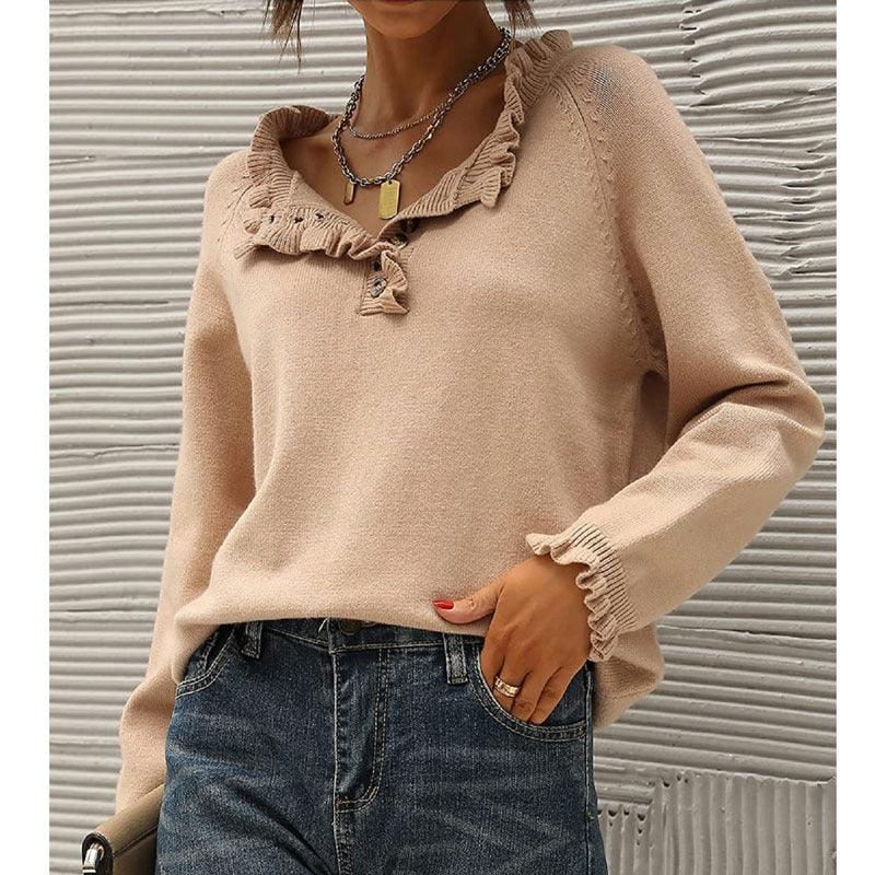 Women's Knitting New Casual Long-sleeved Ruffle Pullover Female - Nioor