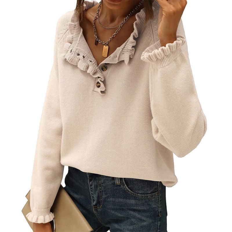 Women's Knitting New Casual Long-sleeved Ruffle Pullover Female - Nioor