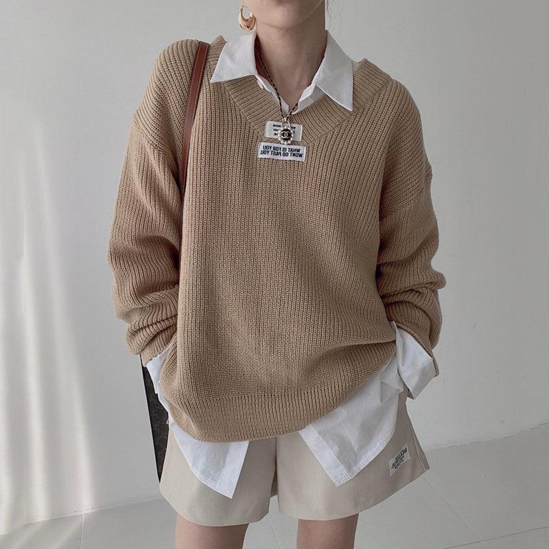 Women's Korean Style Casual V-neck Loose Pullover Sweater - Nioor