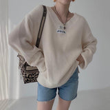 Women's Korean Style Casual V-neck Loose Pullover Sweater - Nioor