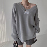 Women's Korean Style Casual V-neck Loose Pullover Sweater - Nioor