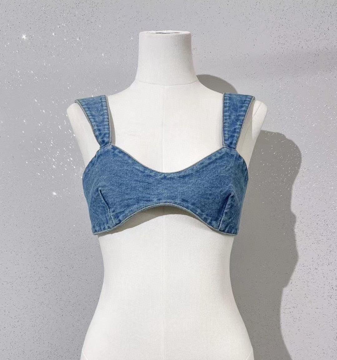 Women's Lace-up Bra Denim Small Vest - Nioor