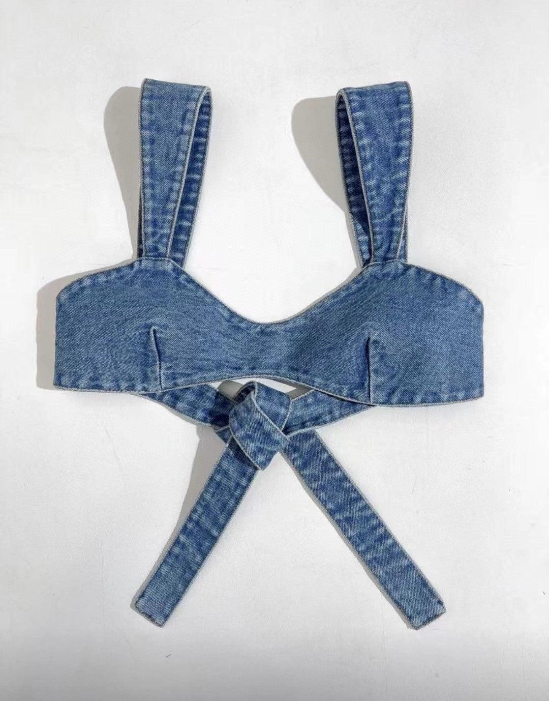 Women's Lace-up Bra Denim Small Vest - Nioor