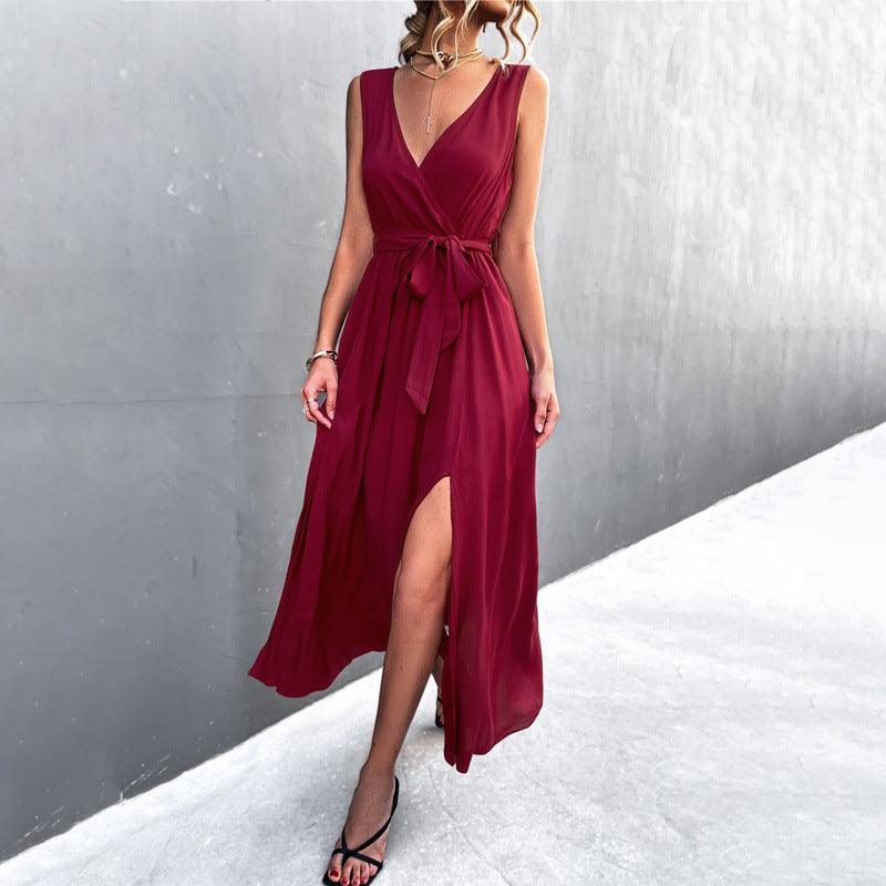 Women's Lace-up Sleeveless Split Dress - Nioor