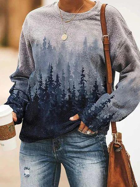 Women's Landscape Floral Print Long Sleeve Pullover - Nioor