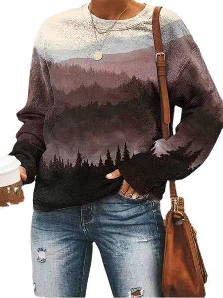 Women's Landscape Floral Print Long Sleeve Pullover - Nioor