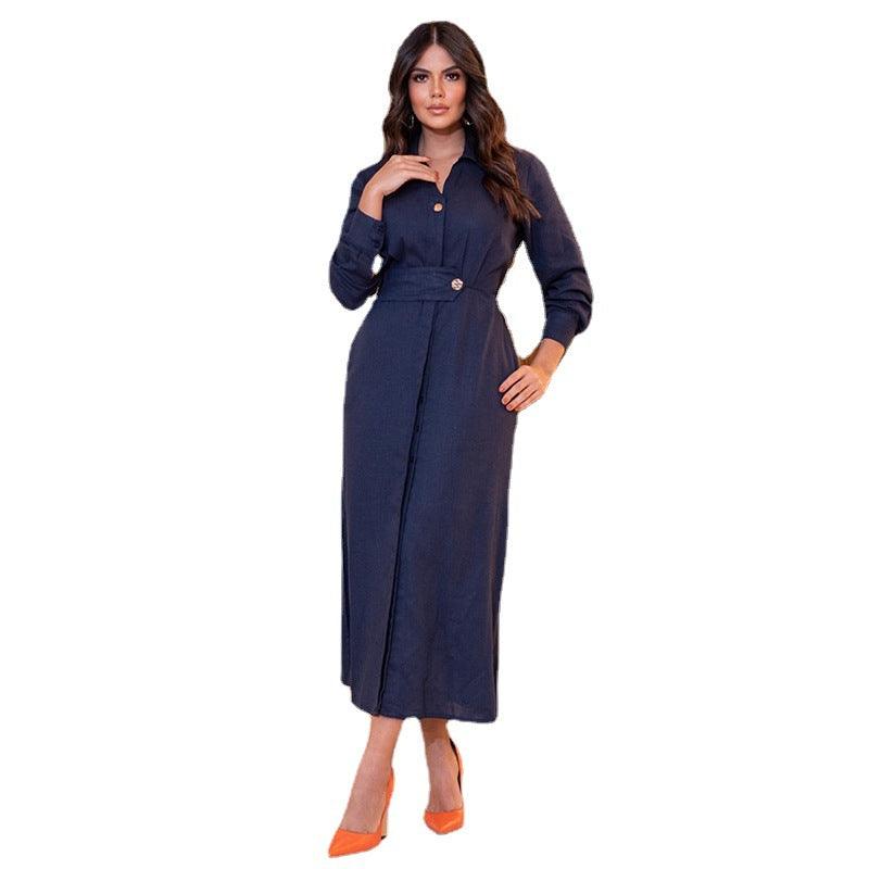 Women's Lapel Long Sleeve Waist Split Long Dress - Nioor