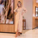 Women's Lapel Long Sleeve Waist Split Long Dress - Nioor