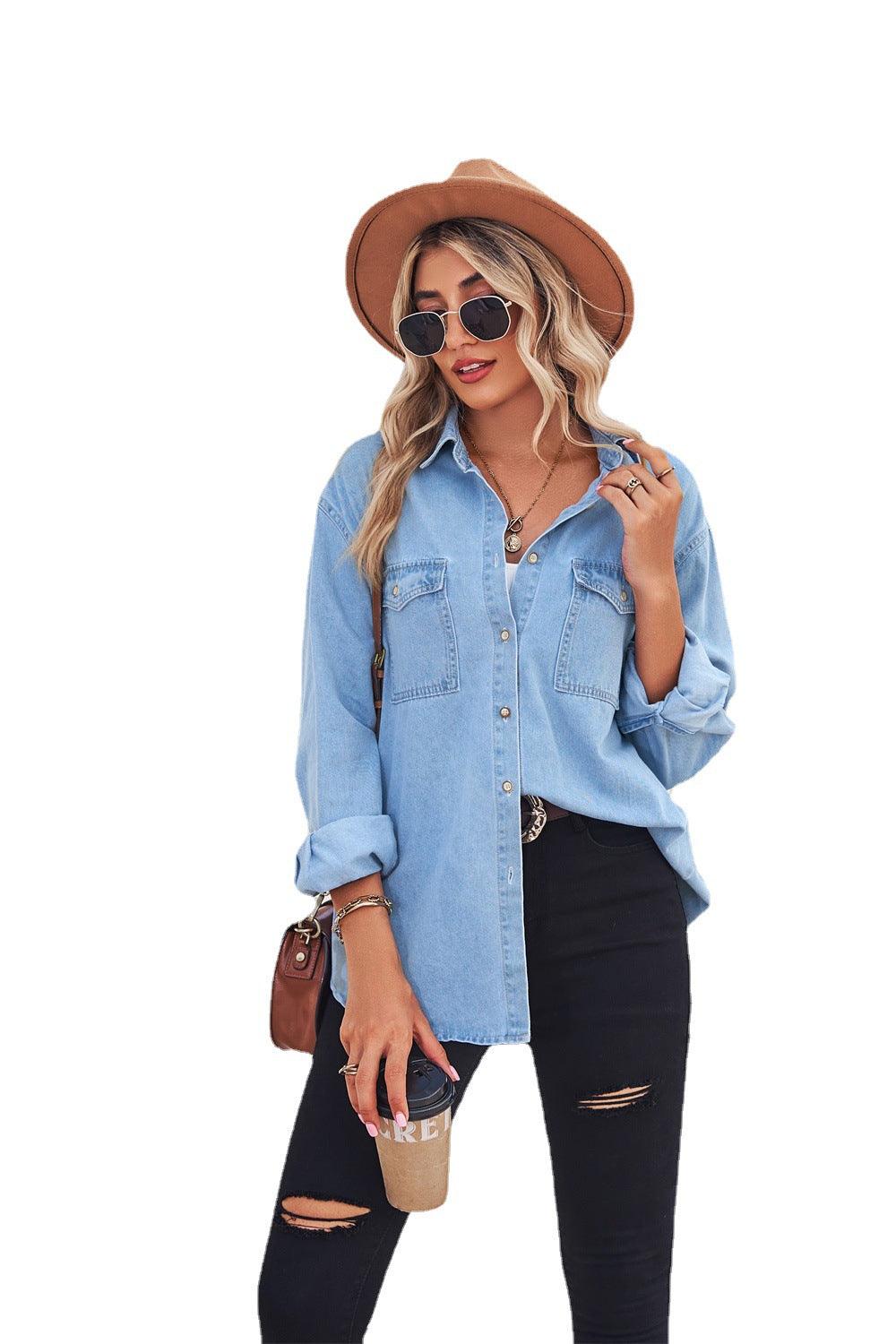 Women's Light Color Figure Flattering Thin Denim Long-sleeved Shirt - Nioor