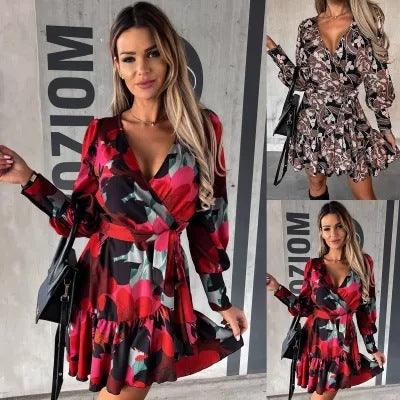 Women's Long-sleeved Fashion Printed Waist-controlled Lace-up Shirt Dress - Nioor